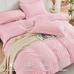 HYMOKEGE Pink Full Size Comforter Sets Seersucker 7
