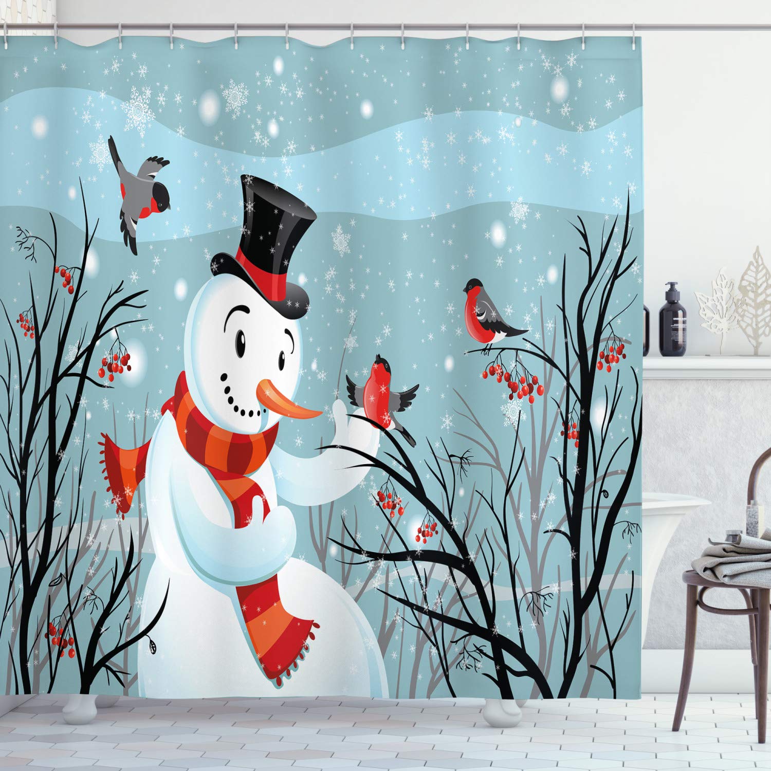 ABAKUHAUS Christmas Shower Curtain, Snowy Winter Tree Branches Berries Bullfinch Birds Snowman Hat, Cloth Fabric Bathroom Decor Set with Hooks, 94 Inches, Almond Green Orange โ image 1