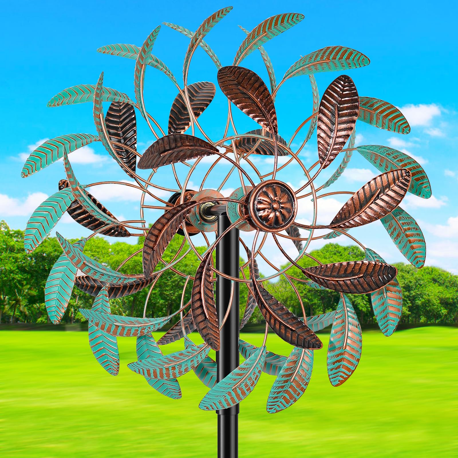 Photo 1 of 360° Wind Spinners Outdoor, Wind Sculptures Windmill with Metal Stake, Kinetic Large Metal Yard Art Decor Spinners Pinwheels for Garden Outside Patio Lawn, 63.2 * 13.2"