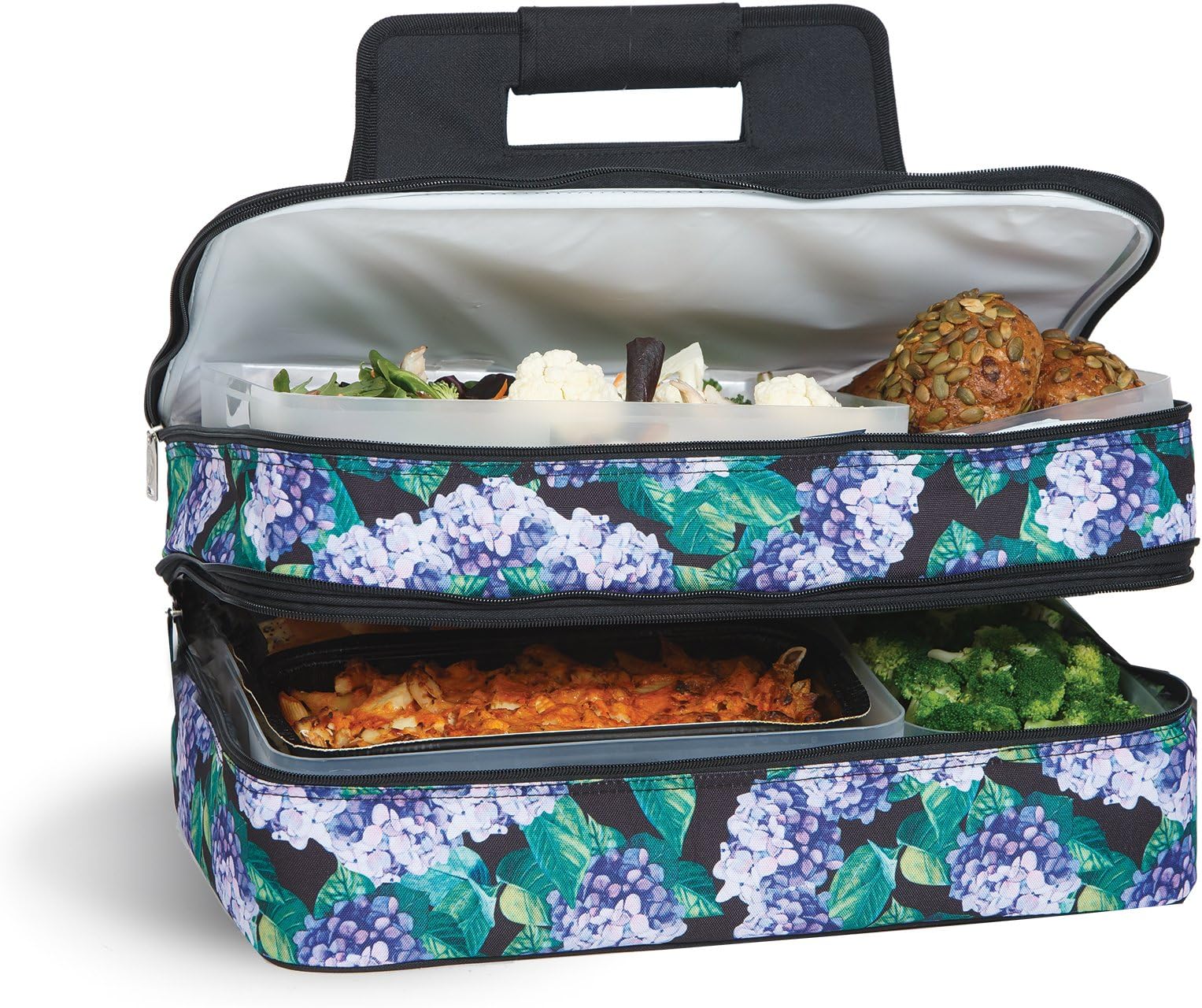 Picnic Plus 18” Casserole Carrier 2 Level Thermal Insulated Hot and Cold Food Carrier Double Layer Food Carrier Bag Potluck Carrier With Bonus Containers (Hydrangea)
