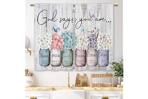 Laifzere Farmhouse Floral Inspirational Bible Kitchen Curtains Flower God Says You are Small Short Cafe Window Curtains Mason Jar Christian Bathroom Drapes Treatment Tier Curtains (27.5x39 Inch)