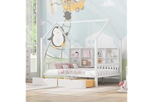 Jigichu Full Bed Frames Wooden Full Size House Bed with 2 Drawers,Kids Bed with Storage Shelf for Kids Teens Girls, Full Bed Frames for Kids White, White,77.5" L x 57.6" W x 77.4" H