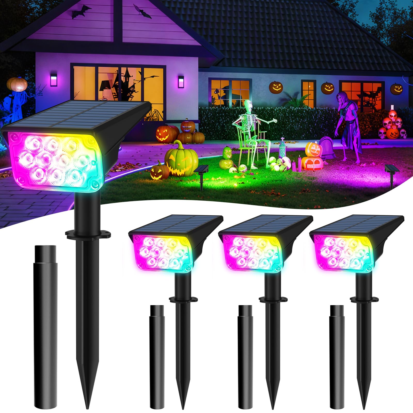 Photo 1 of T-SUNUS Halloween Solar Spot Lights Outdoor Color Changing 4 Pack IP65 Waterproof RGB Landscape Spotlights Auto Dusk to Dawn Garden Pond Light Christmas Lighting for Yard Pathway Driveway Walkway Tree