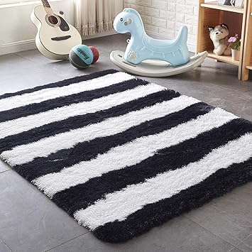Pagisofe Black And White Striped Shaggy Area Rugs For Living Room Bedroom 4x5 3 Feet Plush Fuzzy Stripes Patterned Rugs Footcloth Floor Shag Carpet