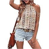 GORGLITTER Women's Western Halter Tops Boho Pleated Sleeveless Vintage Country Cowgirl Nashville Going Out Outfits