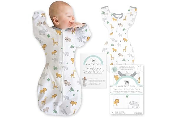 Amazing Baby Transitional Swaddle Sack, Cotton, On Safari, 0-3mo | Arms Up Half-length Sleeve Partially Suppress Moro reflex,