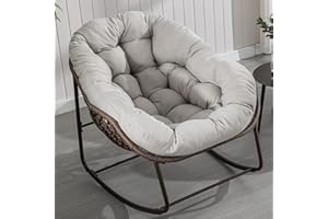 Villeston Outdoor Papasan Rocking Chair - Oversized Comfy Patio Chair Indoor Egg Royal Rattan Rocking Chair with Cushion for Front Porch Lounge Lawn Bedroom Living Room (Beige Grey)