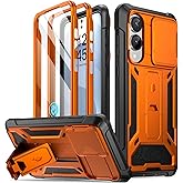 Poetic Spartan Case for Galaxy S25 Edge 6.7", [Slide Camera Cover] [Screen Protector Works with Fingerprint ID] Military Grade Rugged Shockproof S25 Edge Phone Case with Kickstand, Metallic Orange