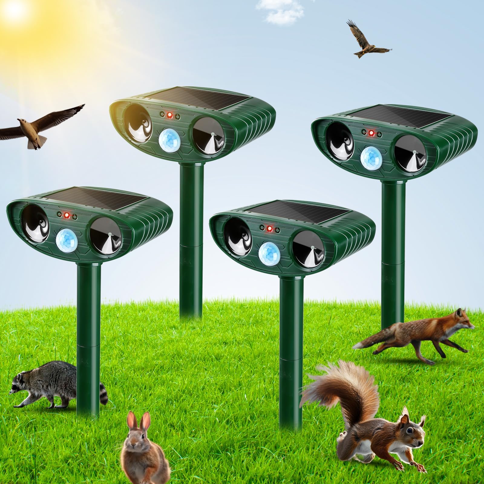 Photo 1 of Gebatule 4 Pack Ultrasonic Solar Animal Repellent Cat Repellent Outdoor Deer Repellent Devices with Motion Sensor Cat Deer Deterrent to Repel Squirrel Dog Rabbit Raccoon Repellent for Yard Lawn