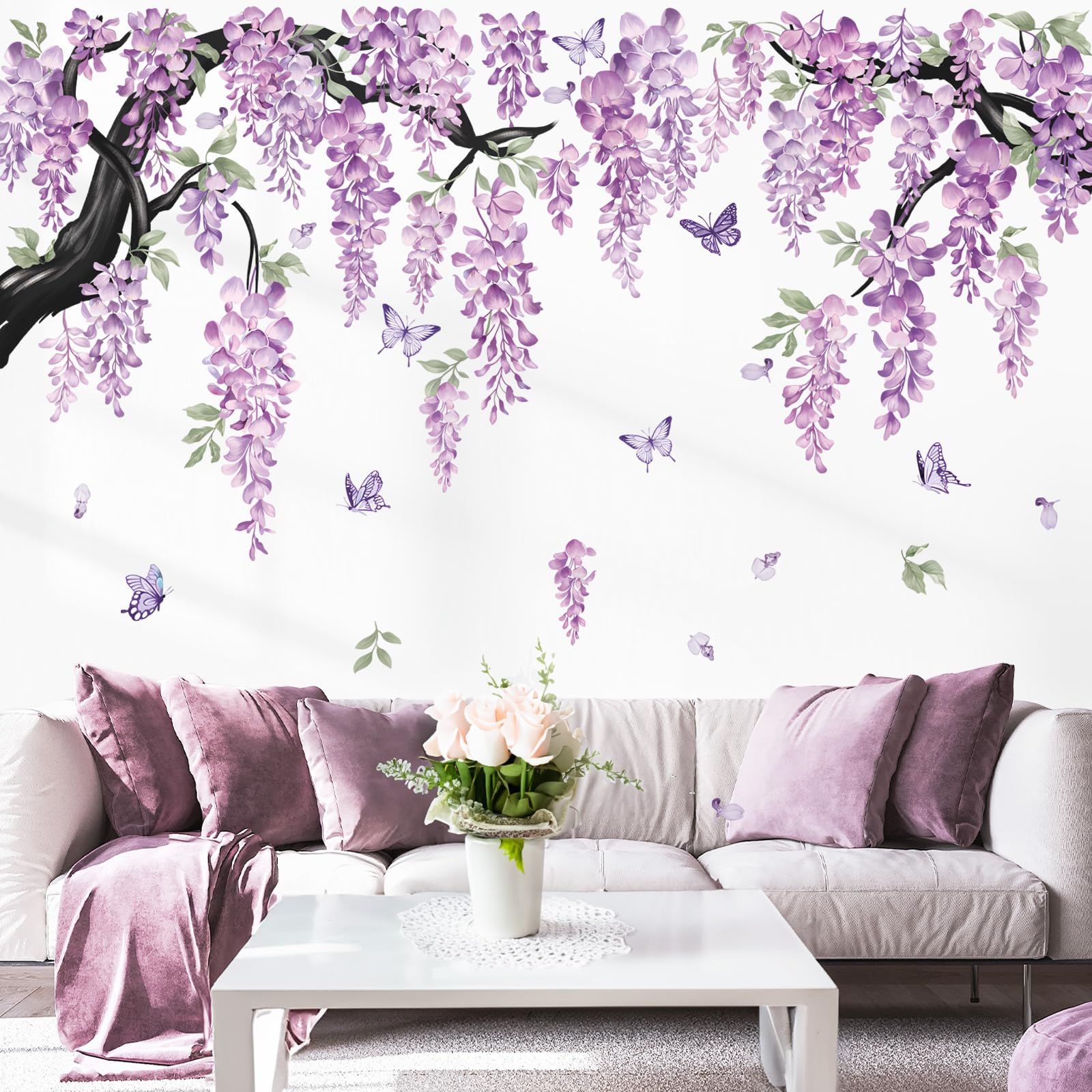wondever Large Flower Tree Branch Wall Stickers Purple Hanging Vine Floral Butterflies Peel and Stick Wall Art Decals for Living Room Bedroom TV Wall