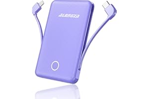 Alongza 6000mAh Portable Charger with Built-in Cables, Ultra Slim Mini Power Bank & Fast Charging USB C, Lightweight Travel Essential Battery Pack for iPhone, Samsung, Android (Purple)