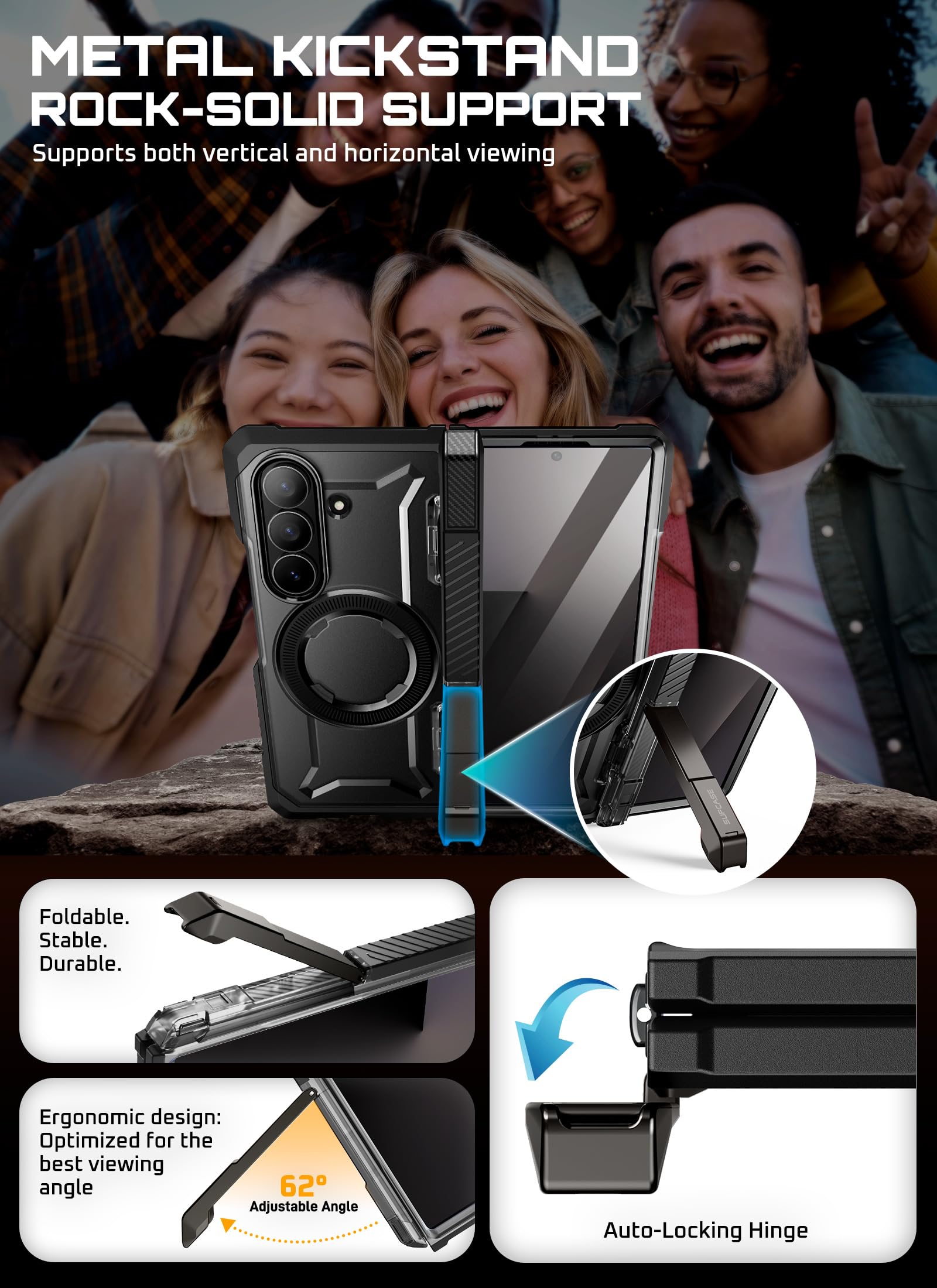 SUPCASE for Samsung Galaxy Z Fold 7 Case with Kickstand (UB Grip), [Compatible with MagSafe] [Built-in Tempered Glass Screen Protector] [Hinge Coverage] Military-Grade Protection Phone Case, Black
