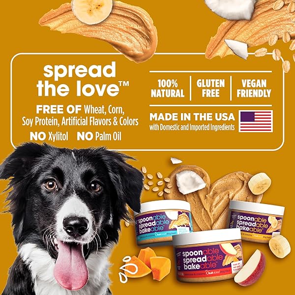 FRUITABLES SPREADS – SPREADABLE DOG TREAT – BAKEABLE DOG TREAT – REAL PEANUT BUTTER AND BANANA – HUMAN-GRADE 100% NATURAL INGREDIENTS – GREAT FOR ALL DOGS – 7 OUNCES