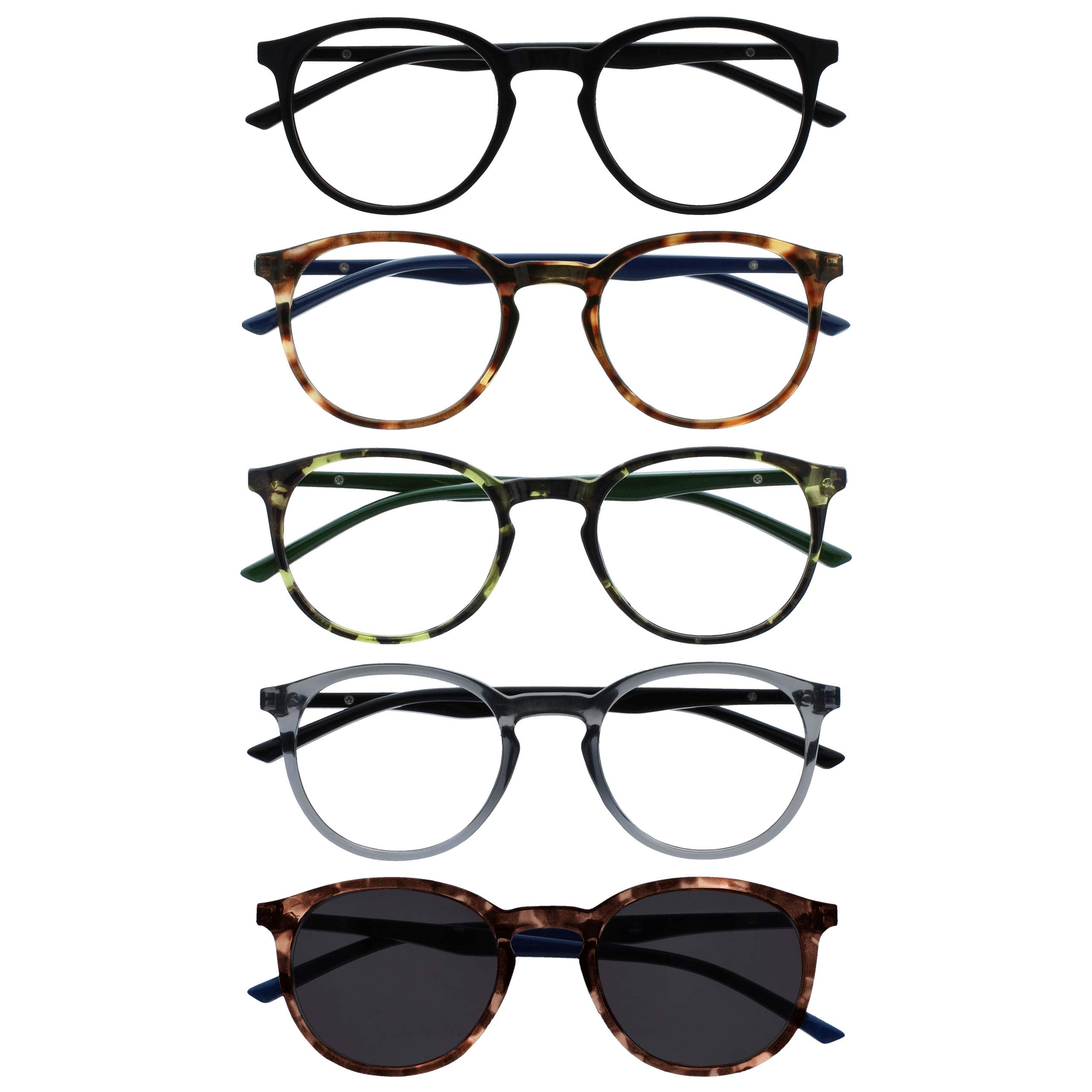 OPULIZE MET Reading Glasses and Reading SunGlasses for Women Men, Round Frame, Black,Brown,Green,Grey,Brown Sun +2 (Pack of 5)