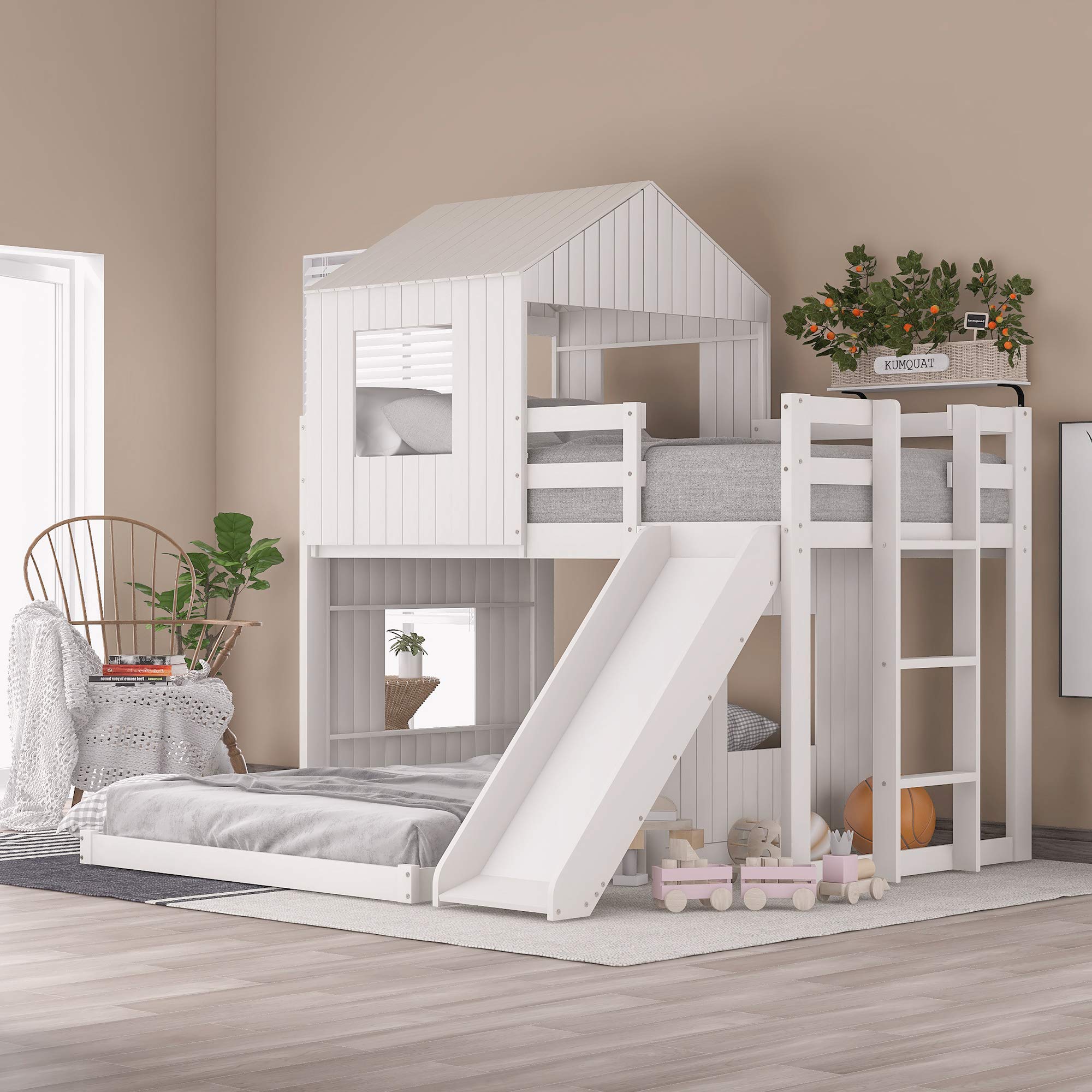 Photo 1 of ** partial set only, missing 2 of 3 boxes** Twin Over Full Bunk Bed Frames with Slide, Safety Guardrails and Ladder for Teens, Girl or Boys, House Shape, White
