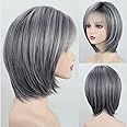 RENERSHOW Ombre Grey Highlight Layered Short Bob Wig with Bangs for White Women Synthetic Salt and Pepper Wig Chin Length Mix Gray Straight Bob Wig for Daily Party