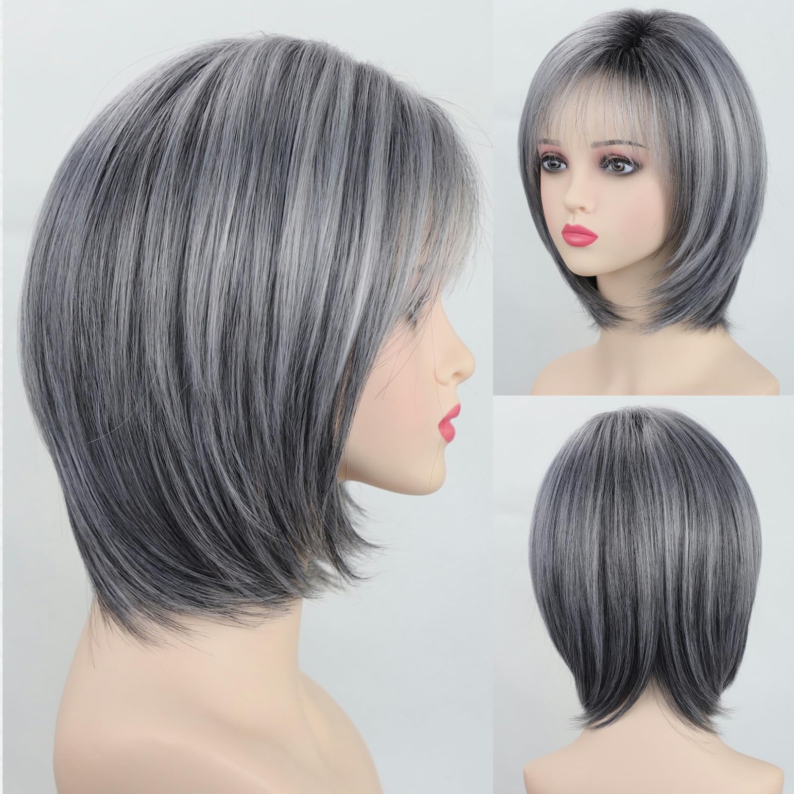 Photo 1 of RENERSHOW Ombre Grey Highlight Layered Short Bob Wig with Bangs for White Women Synthetic Salt and Pepper Wig Chin Length Mix Gray Straight Bob Wig for Daily Party