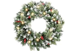 HipTree 24 Inch Christmas Wreaths for Front Door with Lights,Lighted Artificial Flowering Pine Door Wreath,Prelit Faux Green Winter Wreath with Pine Cones and Red Berry for Indoor Outdoor Decor