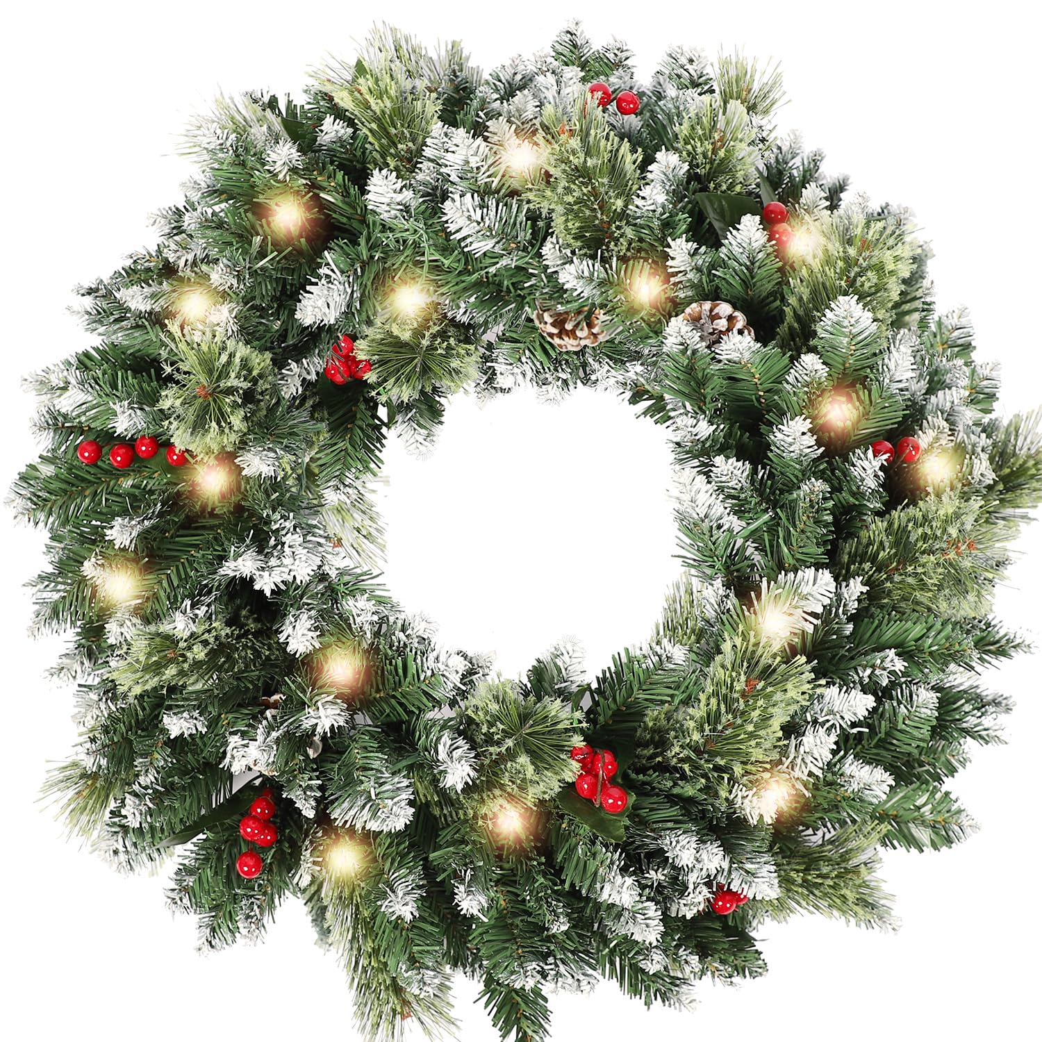 Photo 1 of HipTree 24 Inch Christmas Wreaths for Front Door with Lights,Lighted Artificial Flowering Pine Door Wreath,Prelit Faux Green Winter Wreath with Pine Cones and Red Berry for Indoor Outdoor Decor