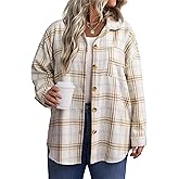 IN'VOLAND Women's Plus Size Plaid Shacket Long Sleeve Button Down Flannel Shirts Casual Jacket Coats Khaki