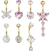 YADOCA Gold Belly Button Ring Navel Piercing Jewelry - Surgical Steel Dangle Belly Rings for Women 14G Dainty Colorful Pink Belly Button Piercing Gold Silver Tone