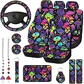 Riakrum 17 Pcs Mushroom Car Seat Covers Mushroom Car Accessories Full Set for Women Men Automotive Rear Front Seat Protector View Mirror Hanging Ornament Steer Wheel Belt Cover(Cool Mushroom)