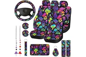 Riakrum 17 Pcs Mushroom Car Seat Covers Mushroom Car Accessories Full Set for Women Men Automotive Rear Front Seat Protector View Mirror Hanging Ornament Steer Wheel Belt Cover(Cool Mushroom)