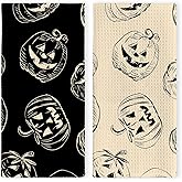 LKETW Vintage Halloween Pumpkin Kitchen Towels - Retro Spooky Black and Beige Pumpkin Hand Towel for Bathroom, Halloween Decor Hand Tea Towel for Bathroom Kitchen, 16x24inch Set of 2