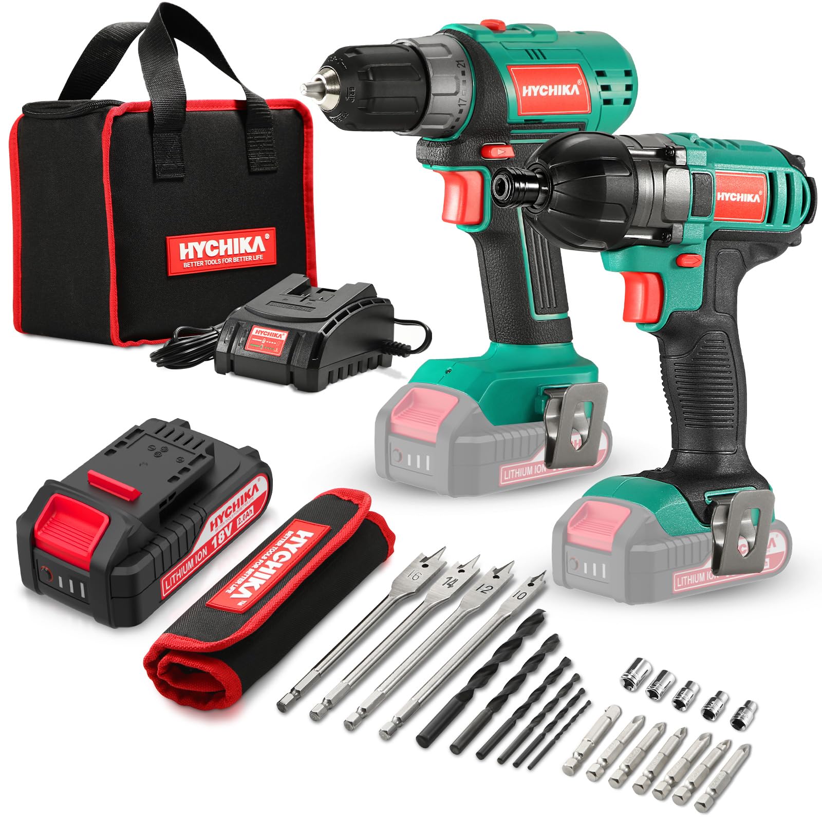 HYCHIKA 18V Combi Drill Kit, Impact Driver 160Nm, 2.0Ah Batteries, Belt Buckle, with 22PCS Accessories, Carrying Bag for Drilling and Screw Driving