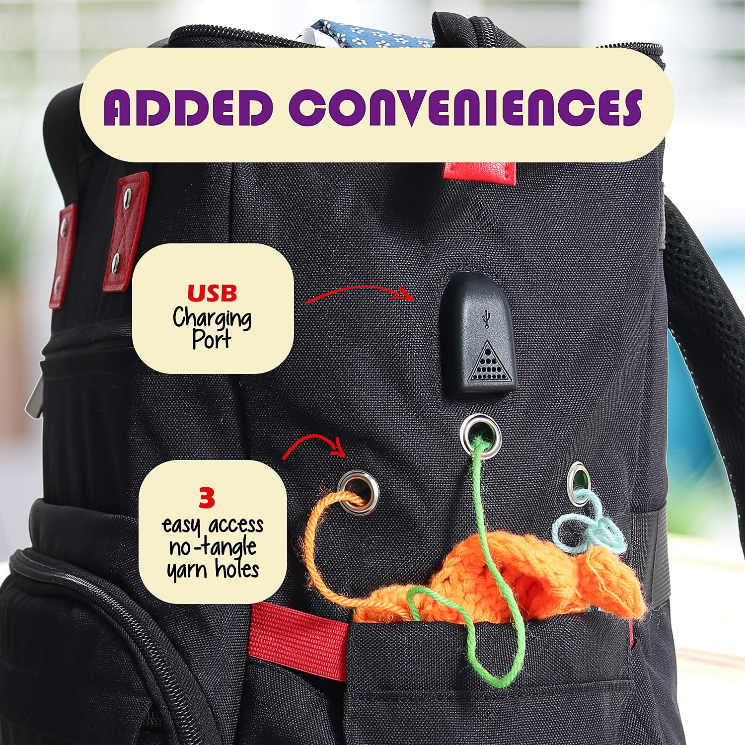 Hearth & Harbor Crochet Backpack, Crochet Bag Organizer, Canvas Knitting Bag, Yarn Organizer for Crochet Accessories and Supplies, Travel Yarn Bag with USB Charging Port, Yarn Storage Organizer