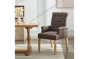 WUTUTUEE Fabric Dining Chair with Arms, Upholstered Tufted High Back Dining Room Chairs, Accent Armchair with Solid Wood Leg and Nailhead Trim, Kitchen Dining Living Room, Brown
