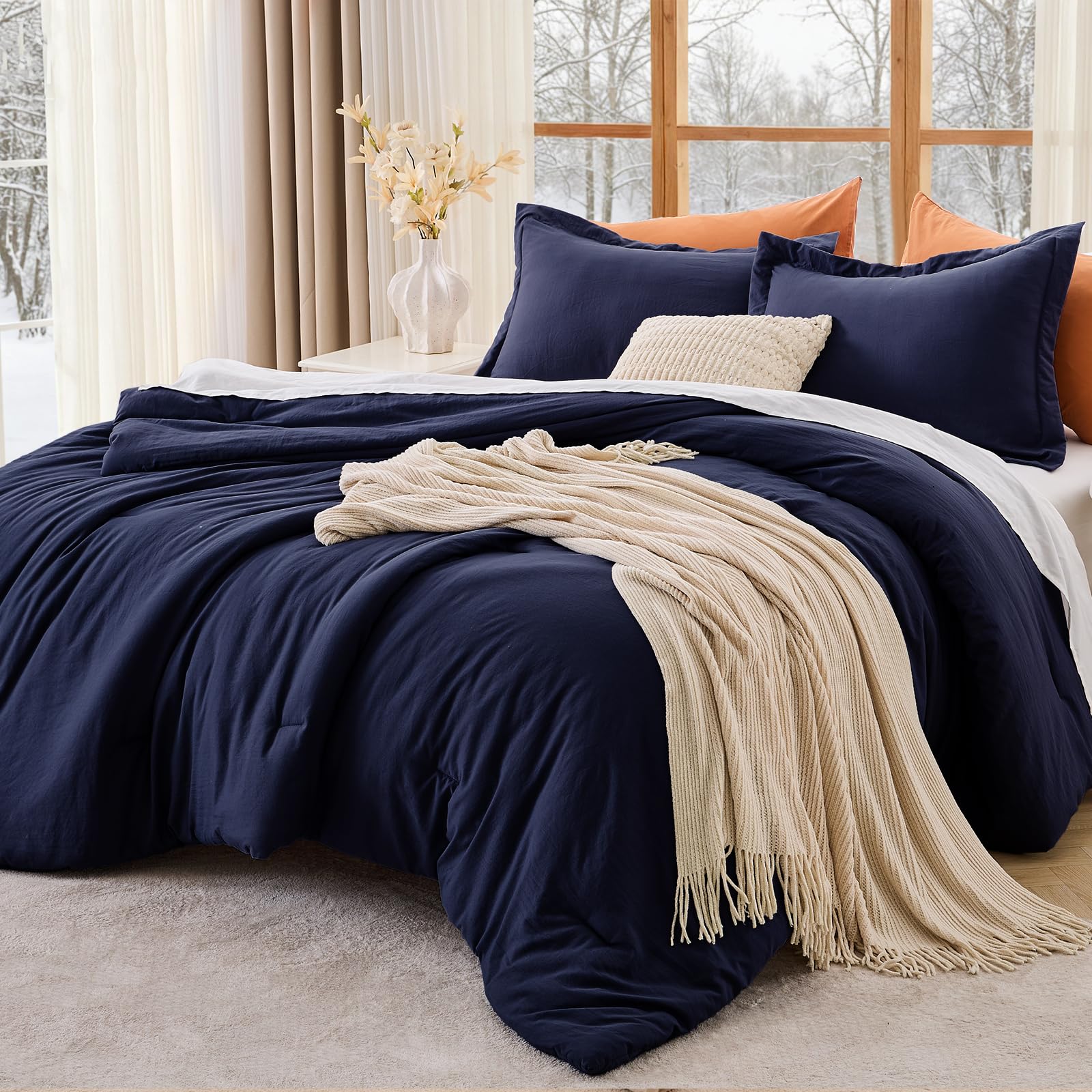 MUXHOMO California King Comforter Set, All Season Ultra Soft Down Alternative Bedding - 3 Piece Lightweight Bed Set Includes 1 Comforter (104"x96") and 2 Pillow Shams (20"x36"), Navy Blue Image