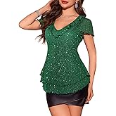 Women's Sparkly Sequin Tops Short Sleeve Glitter Casual Summer V-Neck Ruffle Top