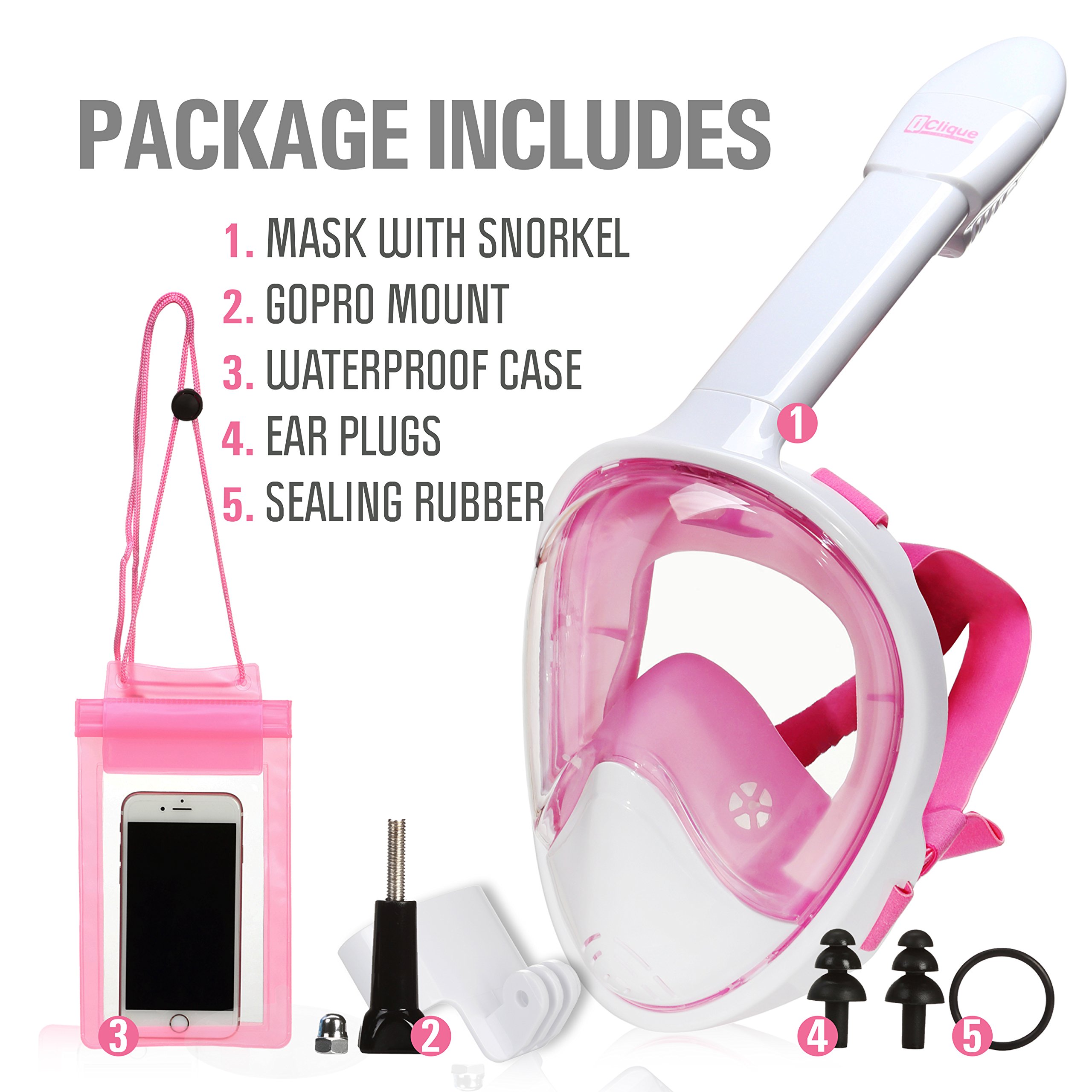 iClique Full Face Snorkel Set - Scuba Diving Mask with Tubeless Anti-Fog Anti-Leak Design - 180 ° Panoramic Viewing - Free Swimming Waterproof Case for Phone Earplugs - GoPro Adapter (Pink)