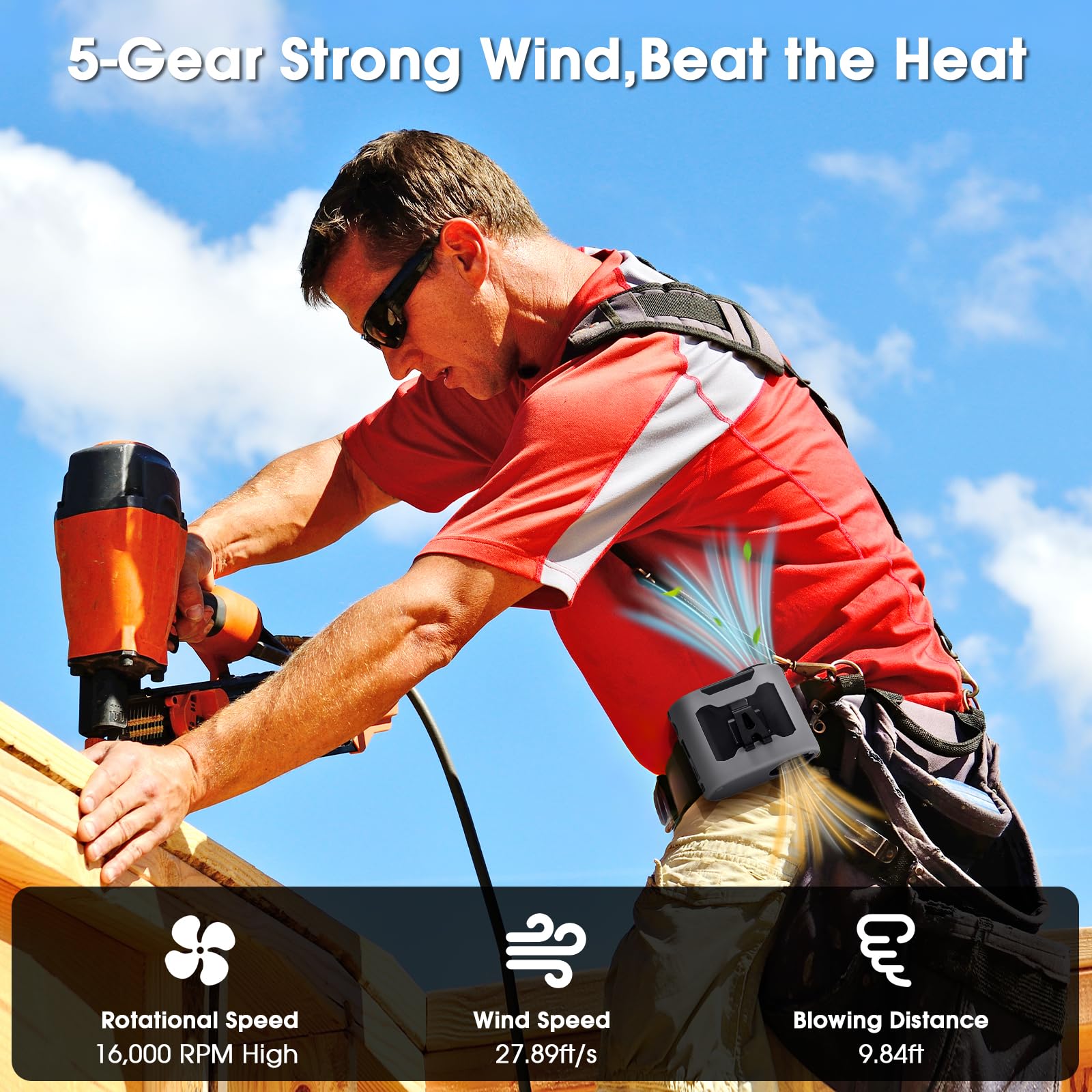 40H Portable Waist Fan, 14800mAh Rechargeable Wearable Shirt Clip Fan with Light, 16000 RPM Cooling Neck Body, Powerful 5 Speeds Belt Personal Cooling Fans for Outdoor Jobsite Camping Travel