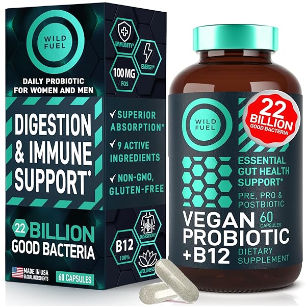 VEGAN PROBIOTIC PLUS B12-22 BILLION CFU SYNBIOTICS PREBIOTICS AND PROBIOTICS FOR DIGESTIVE HEALTH, IBS, MOOD SUPPORT – B12 WITH FOS PRE PRO POST BIOTICS FOR WOMEN & MEN – 60 GLUTEN-FREE CAPSULES