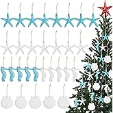 30 Pieces Beach Christmas Ornaments Bulk Tree Decorations Resin Starfish Seashells Seahorse Ocean Nautical Themed Hanging with Drilled Hole Rope for Wedding Gift Wreath Decor DIY(Blue, White)