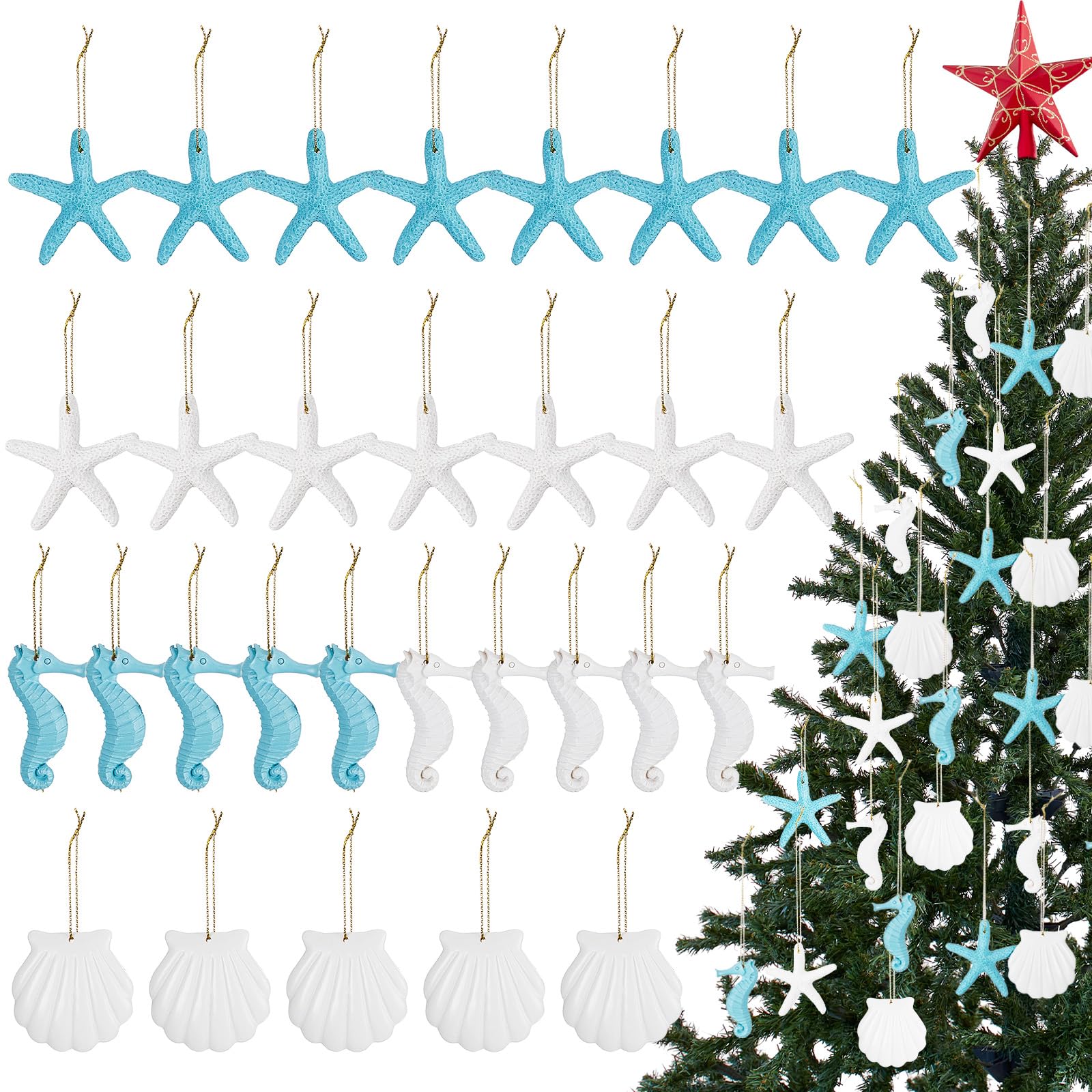30 Pieces Resin Christmas Ornaments Tree Decorations Pencil Finger Starfish Seahorse Seashells Ocean Themed Hanging with Drilled Hole Rope for Wedding Party Decor DIY(Blue, White)