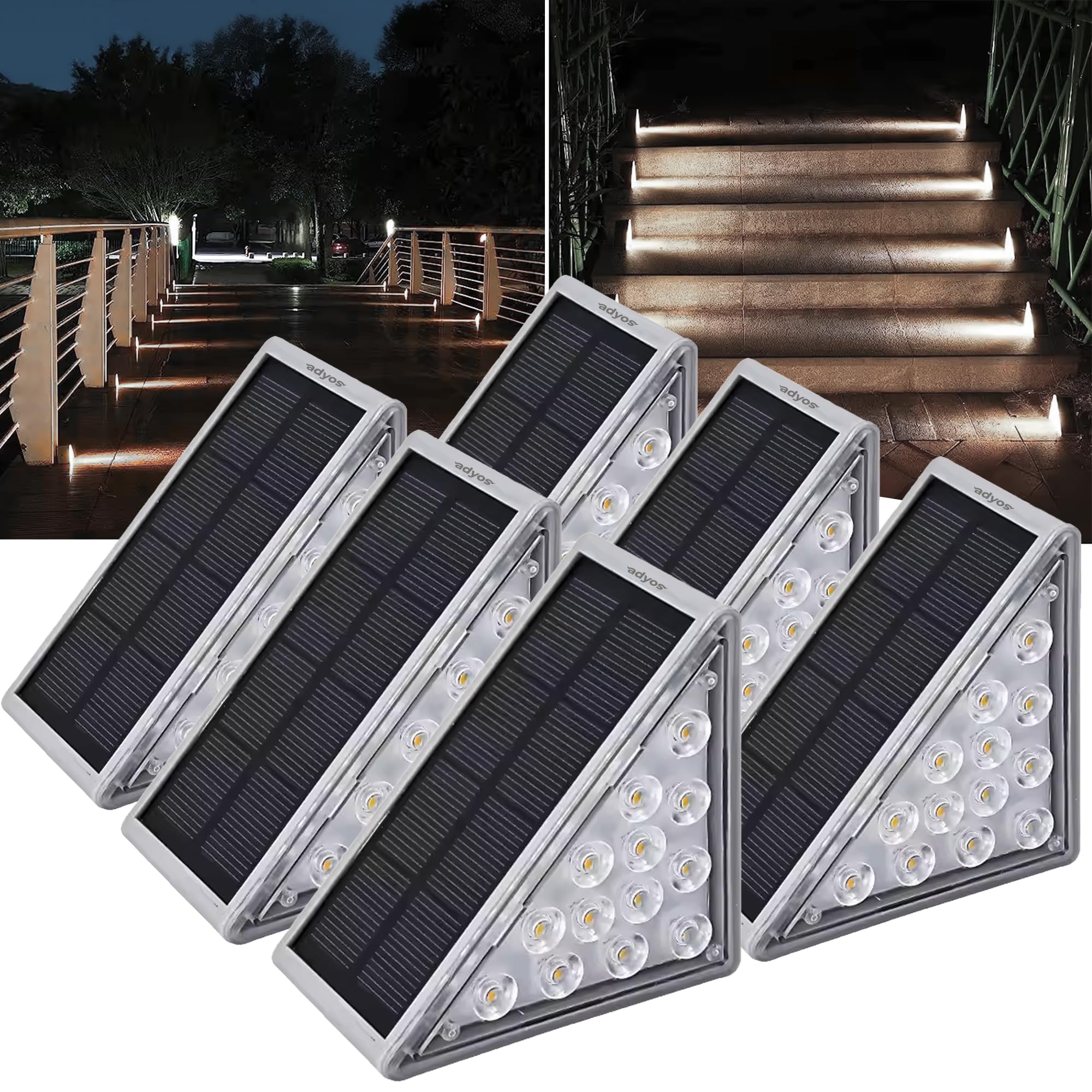 Adyos 6 Pack Solar Step Lights Outdoor, Outside Waterproof LED Deck and Stair Lights, Triangle Solar Powered Decorative Lighting for Garden & Patio & Porch & Yard & Pathway & Walkway (Cool White) — image 1
