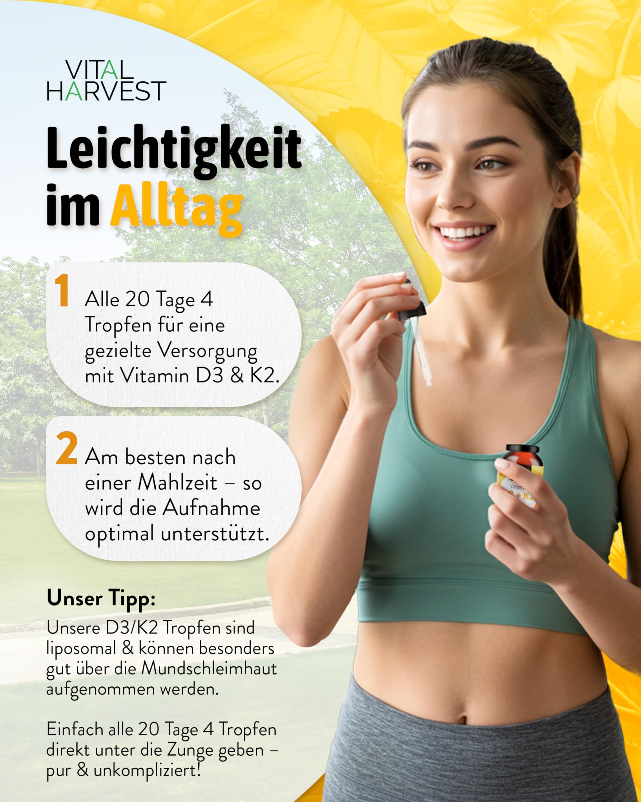 Vital Harvest® Premium Vitamin D3 K2 Tropfen 5.000 IE 30ml | Depot mit D3 & K2 MK-7 | Veganes Vitamin D3 + Vitamin K2 MK7, laborgeprüft in Deutschland hergestellt - ohne Zusatzstoffe (30ml) 4