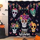 Generic Day of The Dead Shower Curtain Mexican Spooky Halloween Hispanic Style Abstract Gothic Skeleton Floral Funny Flower Skull Sugar Fabric Bath Curtain with Hook, Black
