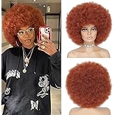 JSDshine 70s Auburn Afro Wig For Women Soft Afro Kinky Curly Hair Wigs With Bangs Afro Curly Wig For Men Bouncy Copper Red Puff Synthetic Hair Wig For Daily Party Use