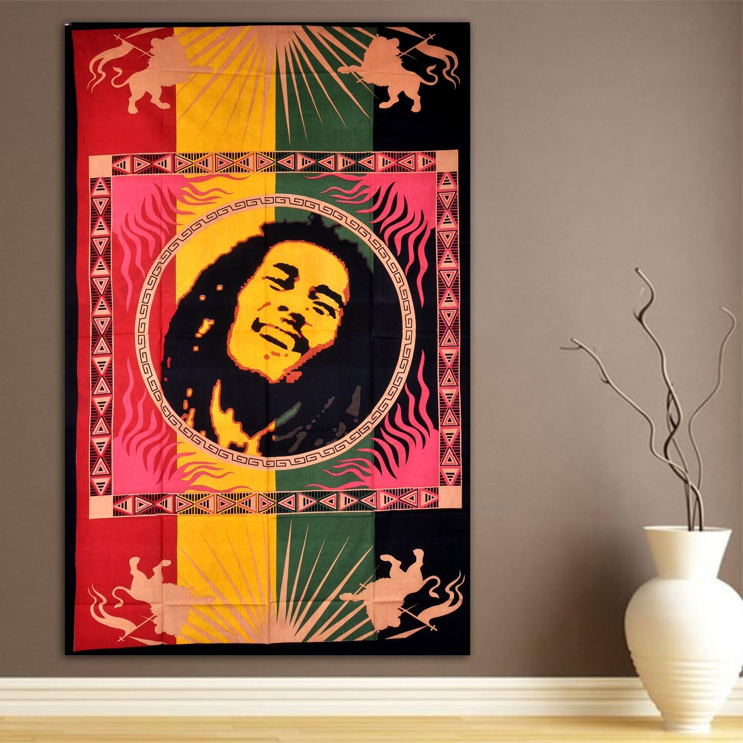 ModTradIndia-Happy Bob Marley Tapestry, Indian Hippie Wall Hanging, Bohemian Bedspread, Mandala Cotton Dorm Decor Beach Blanket