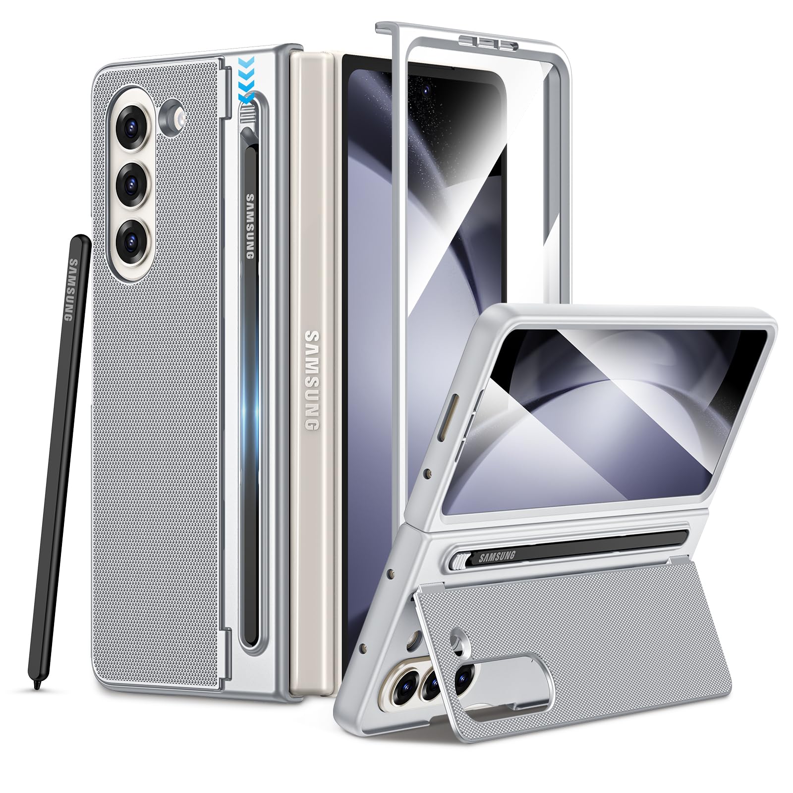 Maxdara for Galaxy Z Fold 5 Case, with Built-in Screen Protector and Kicktand & S Pen Holder Support Wireless Charging Protective Phone Cover, Silver