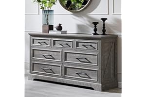 ACCOHOHO 7 Drawer Dresser, Farmhouse Chest of Drawers for Bedroom, 52" Wide Dresser TV Stand with Large Metal Handles, Wood Drawer Organizer for Living Room, Hallway - Grey