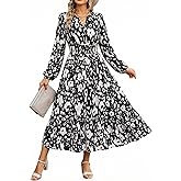 Women Long Sleeve Midi Dress, Boho Floral Casual Flowy A Line Dresses, Spring Elegant Classy Dress with Pocket