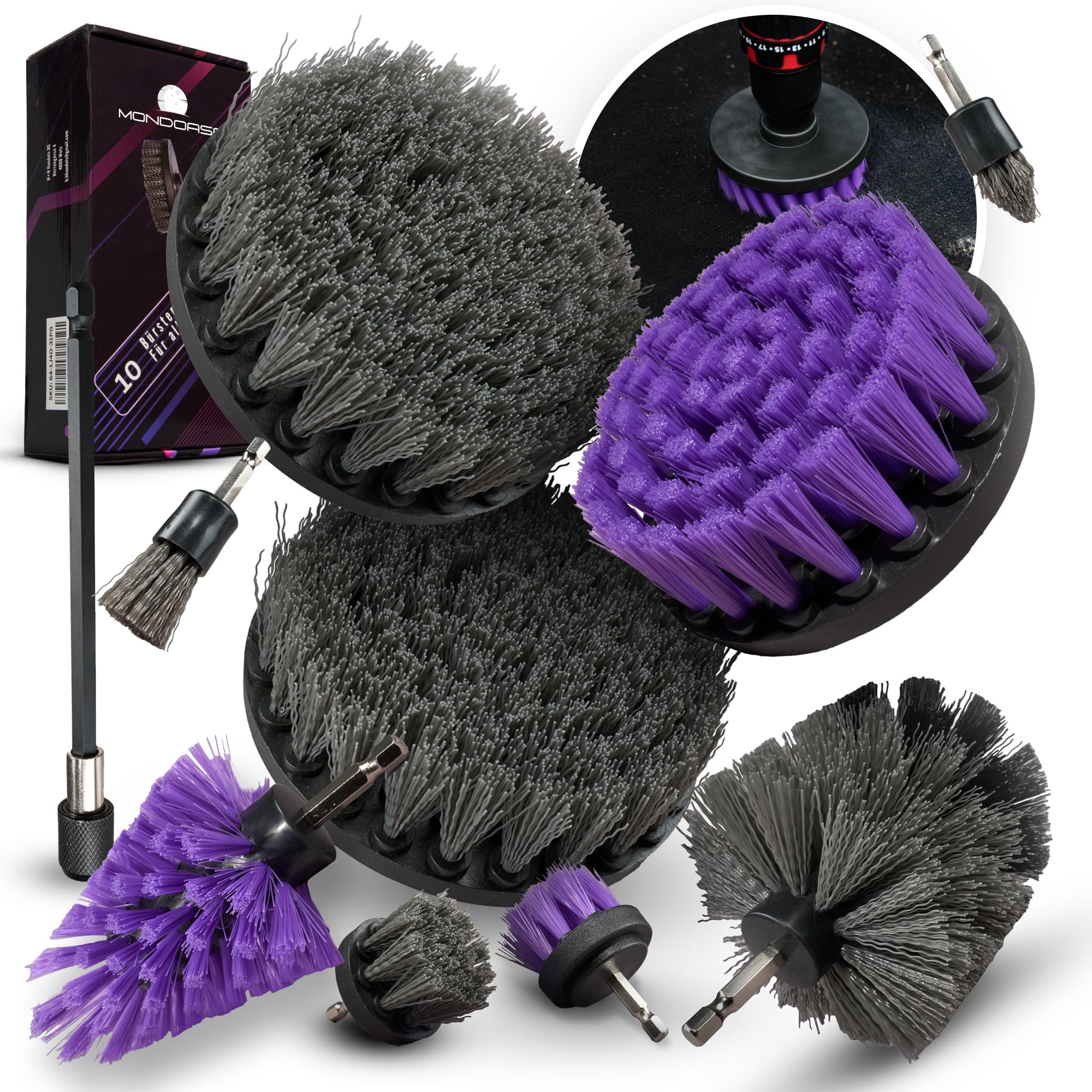Bürstenaufsatz für Akkuschrauber 10-teilig – Drill Brush Reinigungsbürste – Bad, Küche, Auto, Fliesen, und mehr. I Reinigungsbürste Akkuschrauber I Bürstenaufsatz Bohrmaschine MONDOASE 9