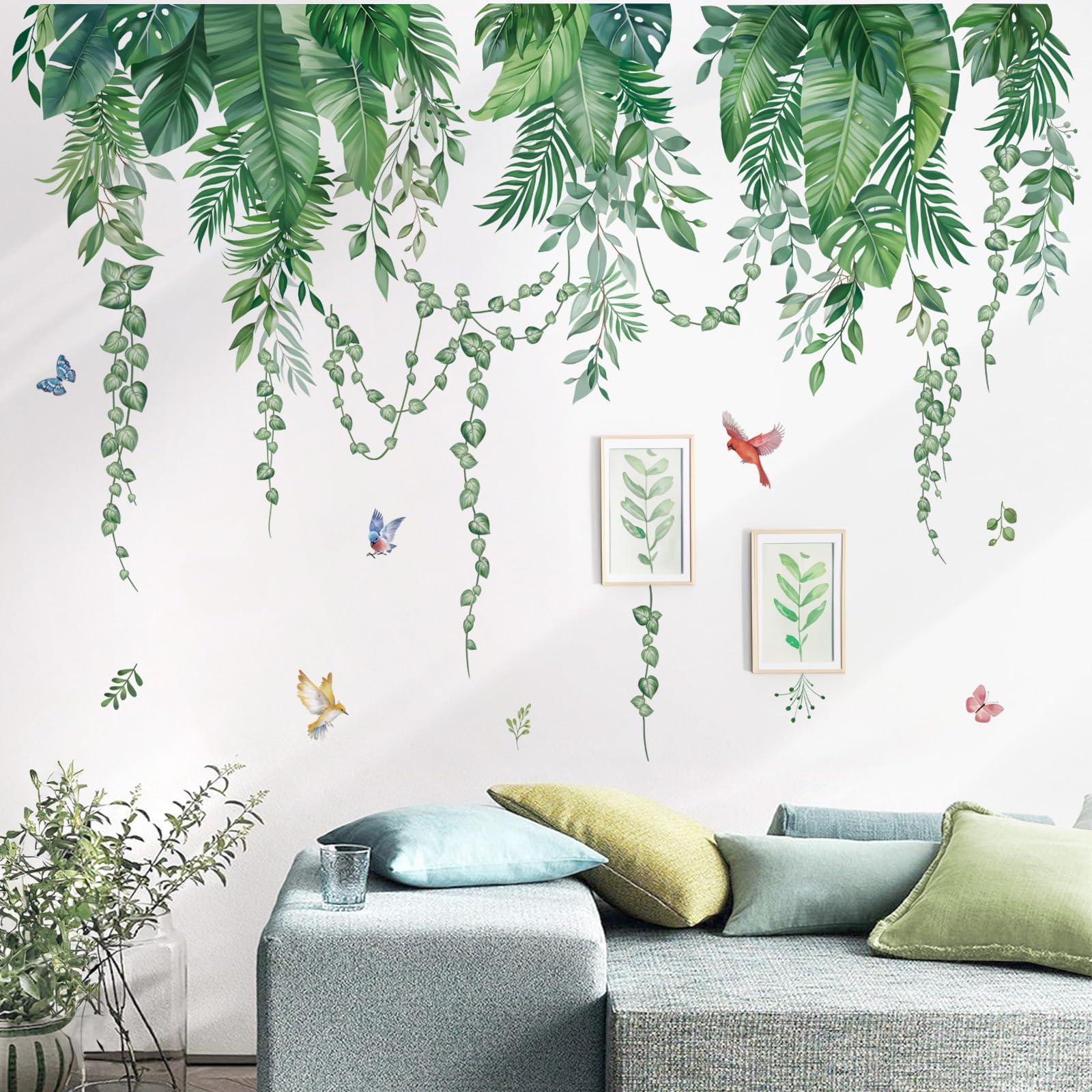 wondever Green Tropical Leaves Wall Stickers Hanging Vines Palm Leaf Plants Peel and Stick Wall Art Decals for Bedroom Living Room Sofa