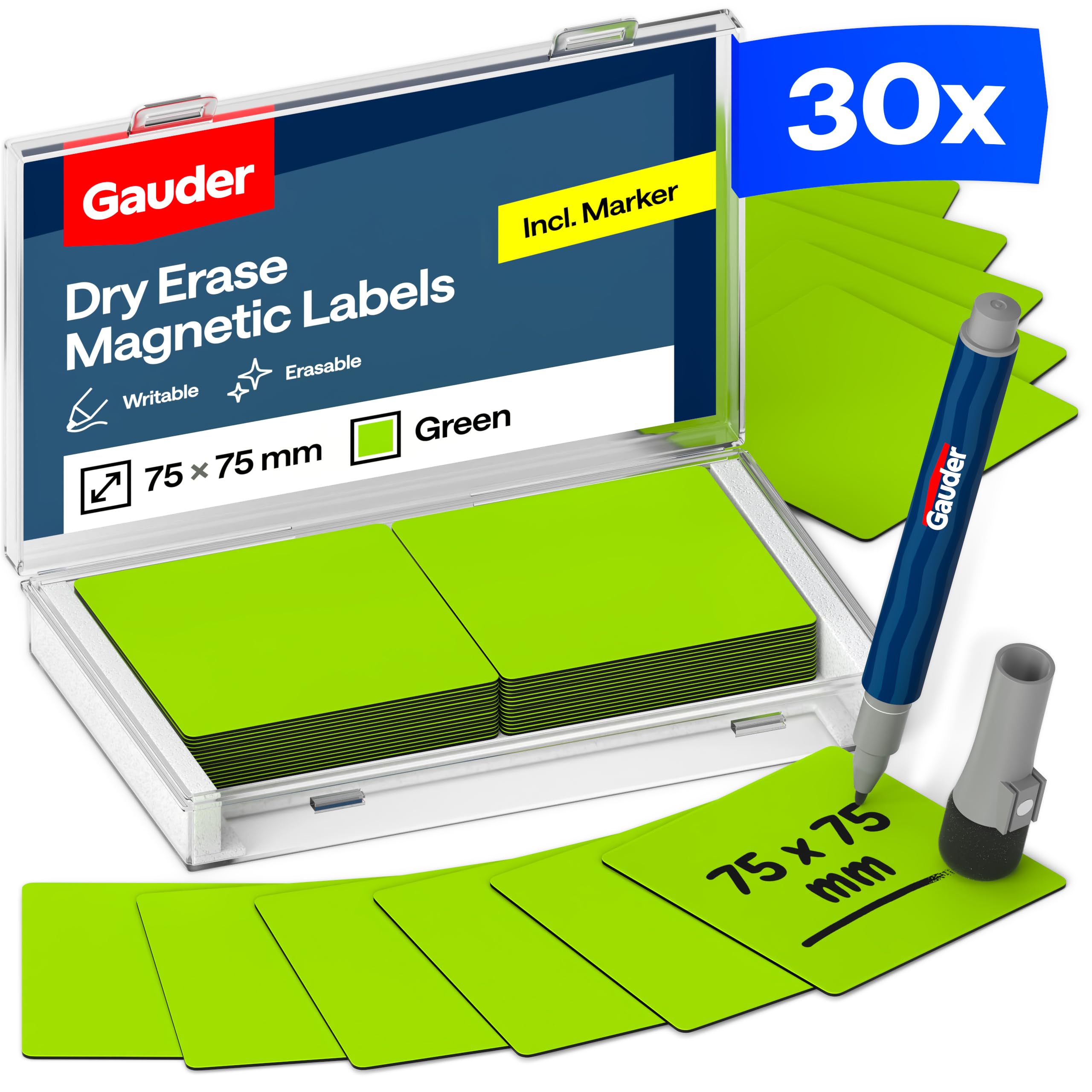 GAUDER Magnetic Labels Writable - Reusable Magnetic Tags for Whiteboard, Blackboard, Kanban Board and Fridge - Magnet Cards with Marker (30 Pieces - 75 x 75 mm)