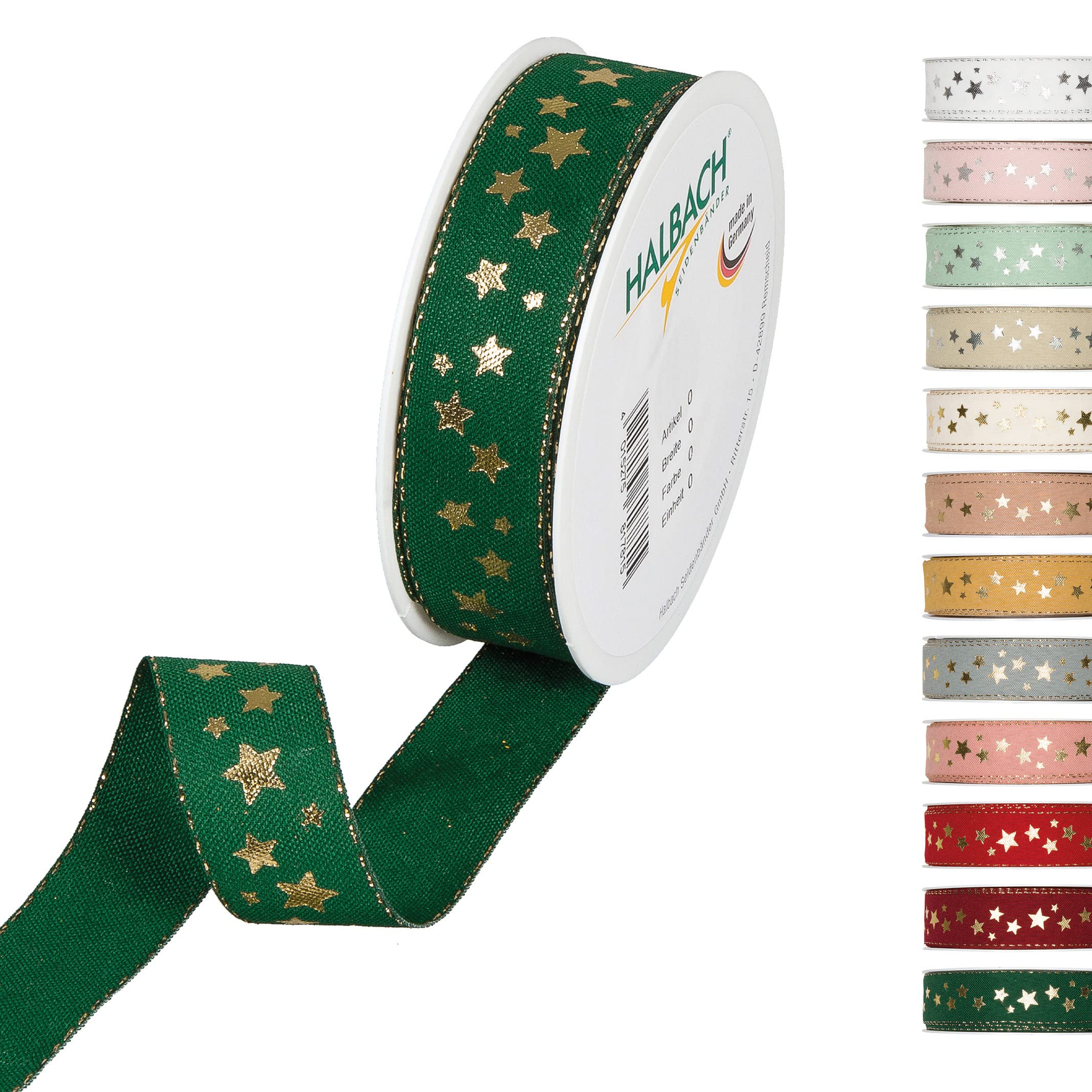 Halbach Seidenbänder Christmas Ribbon 25mm x 18m Christmas Gift Wrapping Ribbon Christmas Gift Wrapping Ribbon with Gold Stars and Lurex Edges - Green